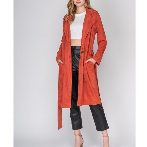 Long Suede Belted Trench Coat - Picture 1 of 2